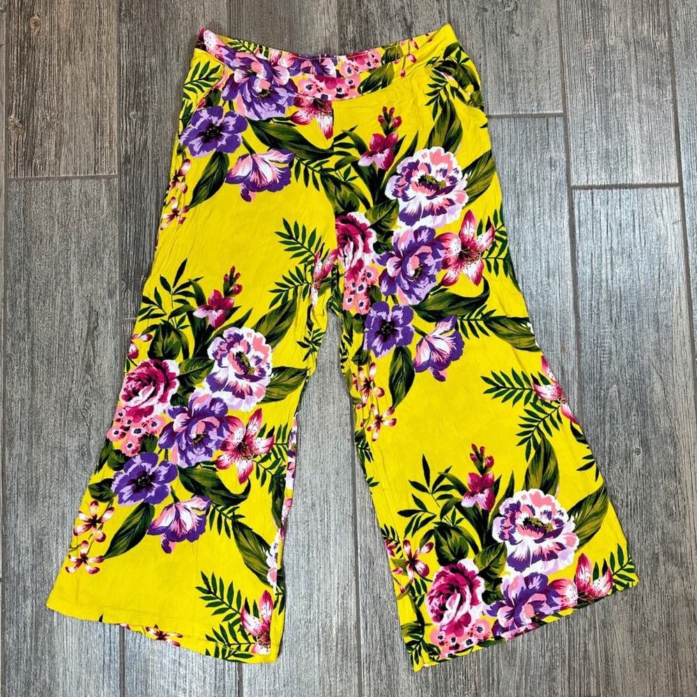 ECI New York‎ Yellow Floral Wide Leg Cropped Pants Women's XL Rayon Summer